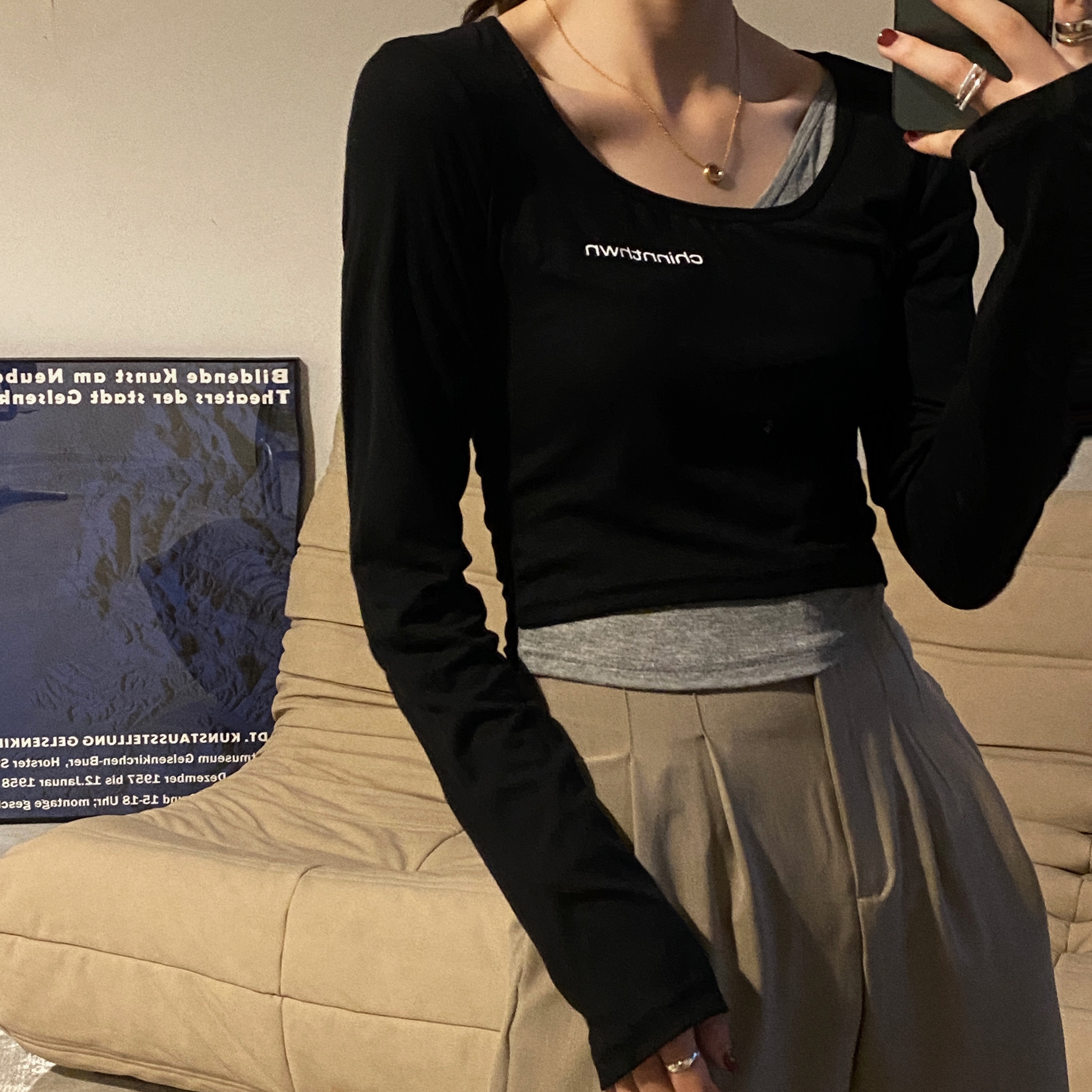 Real shot real price Korean spring slim fake two color matching design t-shirts