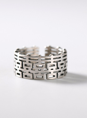 纯银戒指复古工艺小众设计银喜字