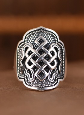 八吉祥平安结男款纯银戒指银指环