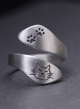 纯银复古文艺风小猫咪可调节戒指