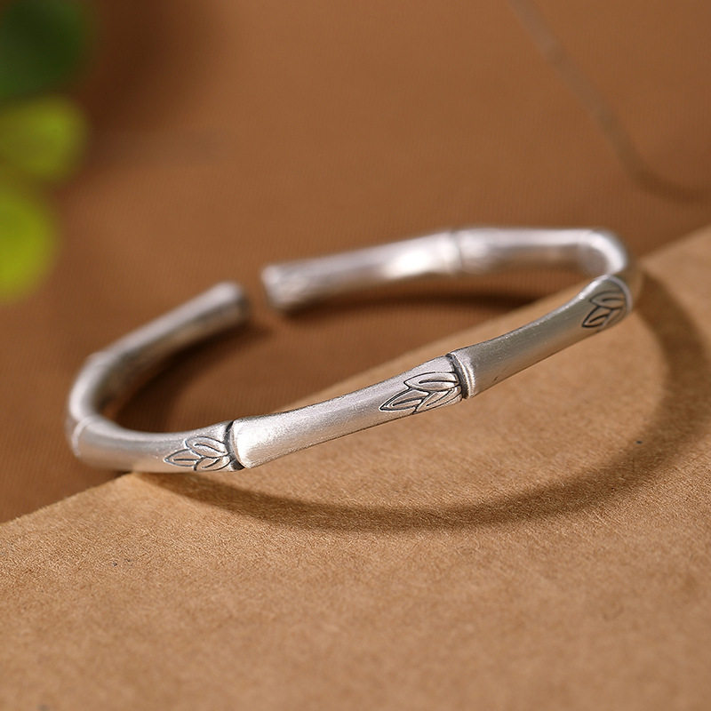 ANCIENT SILVER SHOP S999 PURE SILVER AGED MATTE BRACELET VINTAGE CHINESE STYLE BAMBOO LEAF LADIES BRACELET BRACELET