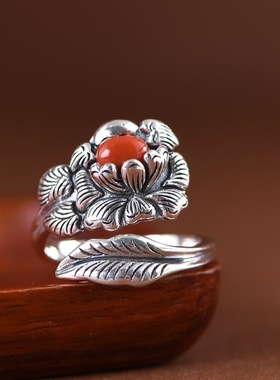 国风牡丹纯银戒指复古工艺玛瑙款