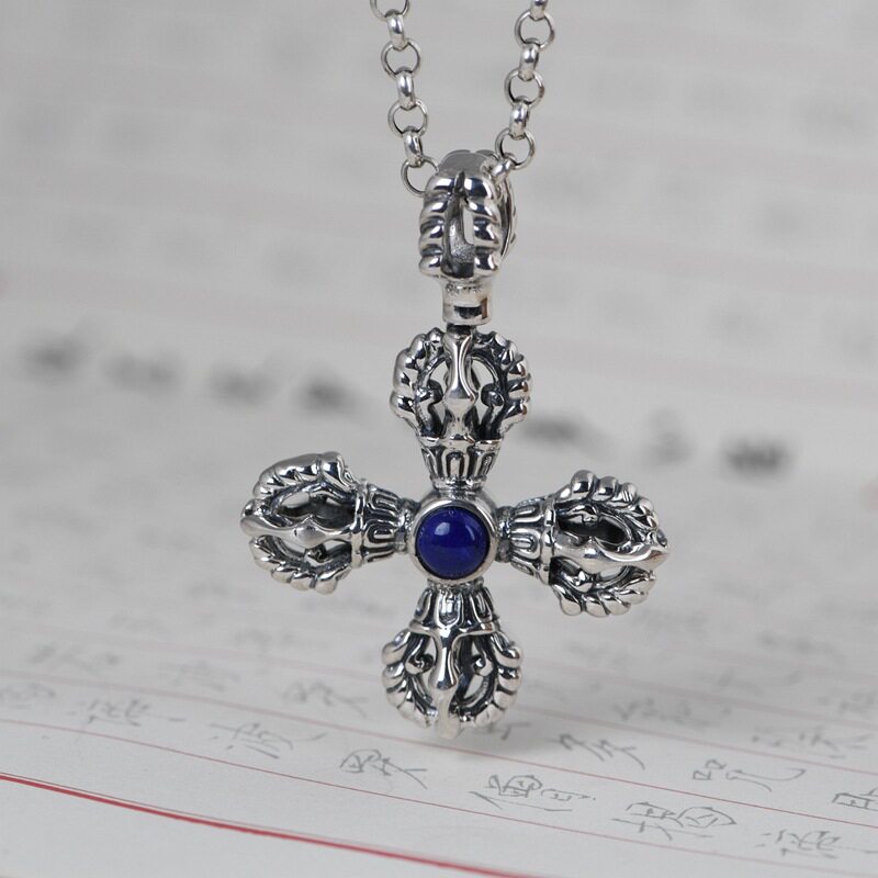 S925纯银吊坠男款复古工艺十字金刚杵项链坠民族风个性男士款挂件