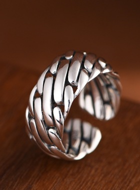 纯银复古工艺手工编织男士银戒指