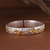 足银999梅花手镯描金工艺新中式 国潮女款 开口实心錾刻花卉银镯子