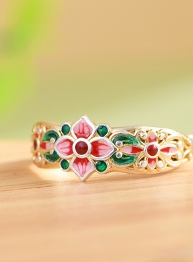 女款足银描金工艺花卉民族风戒指