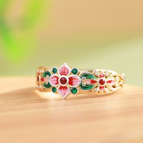 女款足银描金工艺花卉民族风戒指