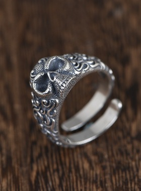 古银铺纯银复古骷髅戒指指环朋克