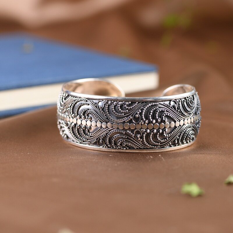 S925纯银手镯复古工艺民族风时尚开口宽版女士个性印尼风格银手镯
