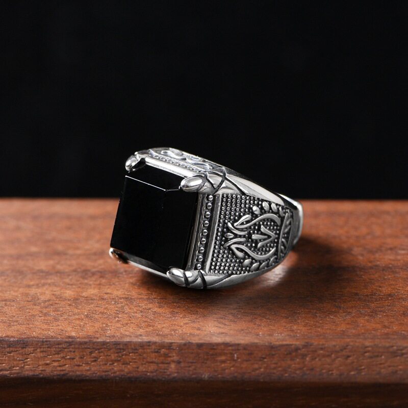 切面男士黑玛瑙戒指复古朋克指环