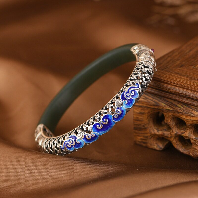 S925纯银贵妃镯珐琅彩景泰蓝可打开椭圆祥云女士新中式和田玉手镯
