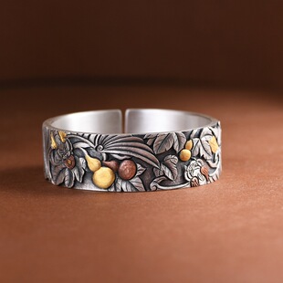 足银手镯复古手工金银错工艺宽版福禄双全葫芦蝙蝠女款霸气银镯子