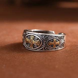 S925纯银复古工艺男士戒指小众设计朋克风十字架开口男款银饰指环