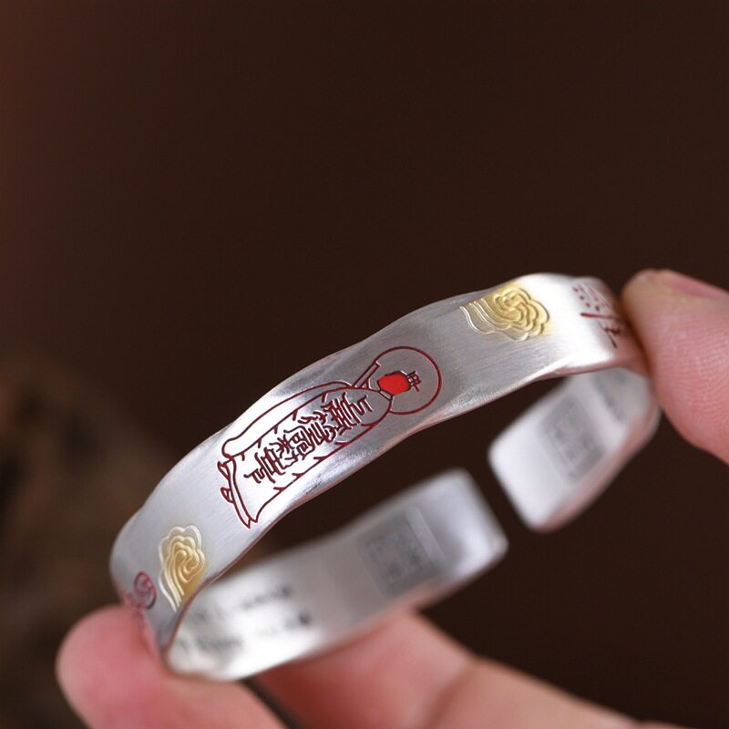 足银复古做旧手镯朱砂镀金祥云太乙磨砂镯子小众设计宽版男女手饰