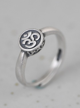 复古开口六字真言佛系银戒指