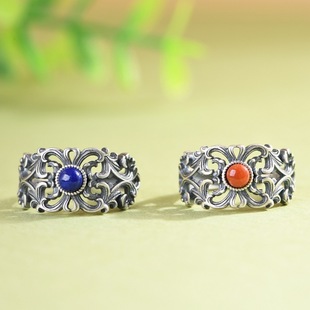 S925纯银青金石戒指复古工艺南红玛瑙民族风小众设计开口女款指环