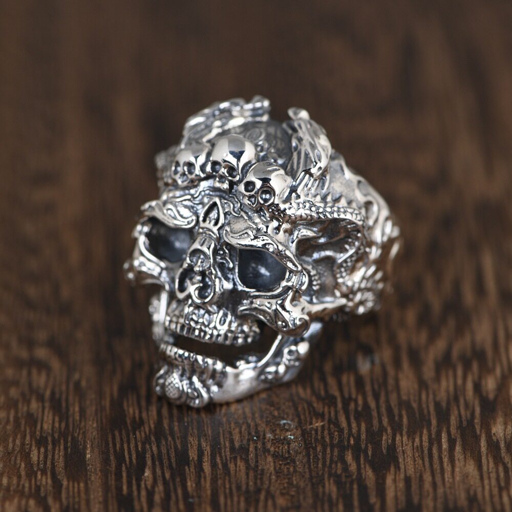 纯银戒指男款开口复古工艺开口骷髅头指环跨境朋克风格银饰品戒子