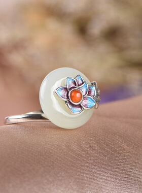 和田玉平安扣景泰蓝女款开口戒指