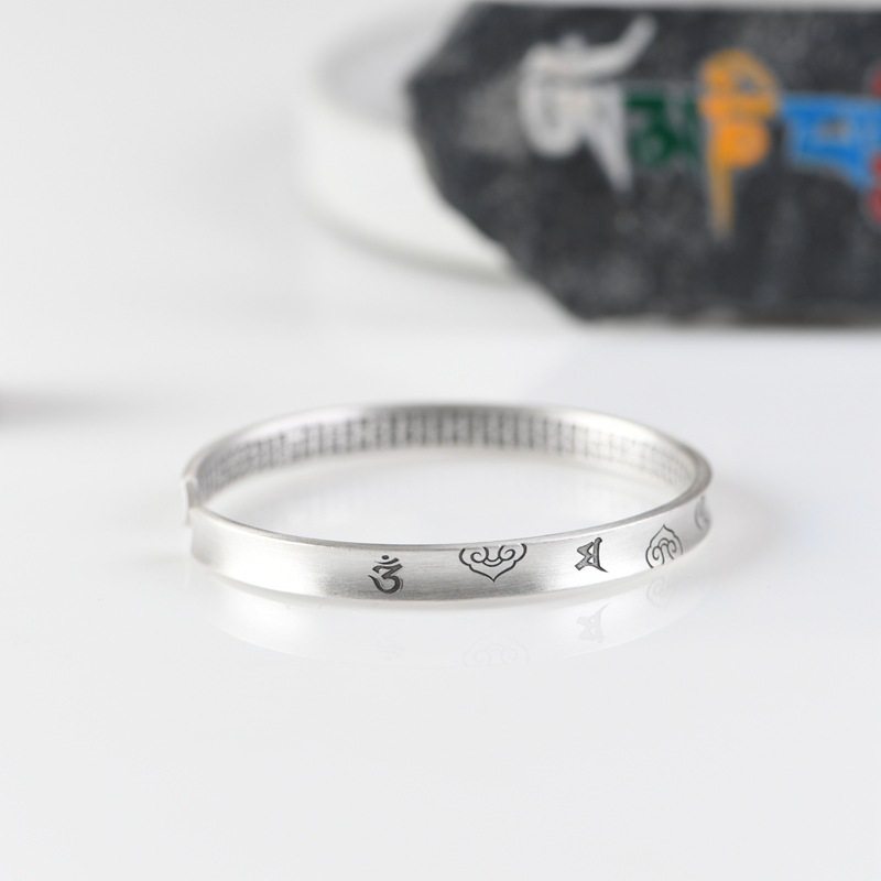 PURE SILVER 999 VINTAGE CRAFT BRACELET WOMENS OPENING CONCAVE RUYI SCRIPTURES SIX-CHARACTER MANTRA HEART SUTRA  BRACELET