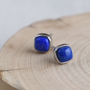 青金石耳钉纯银小众设计轻奢简约方形百搭时尚小清新女士银饰耳环