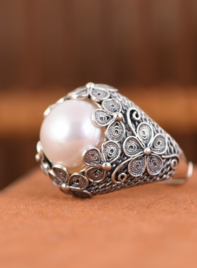 淡水珍珠银戒指花丝工艺复古女款