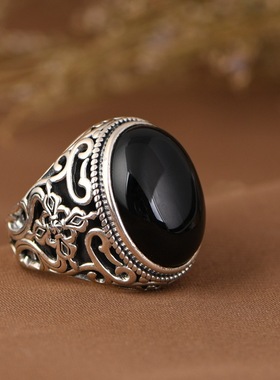 男戒纯银黑玛瑙银戒指霸气