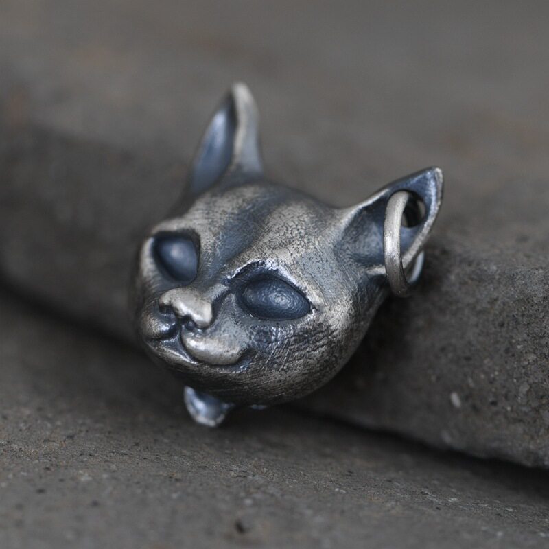 古银铺s925纯银复古朋克嘻哈风格吊坠男款立体猫头轮廓个性银项坠