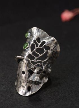 复古戒指开口夸张碧玉宫廷银饰品