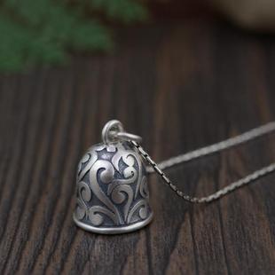 纯银铃铛吊坠S925银复古工艺小众女款银项链手工编绳配饰银饰项坠
