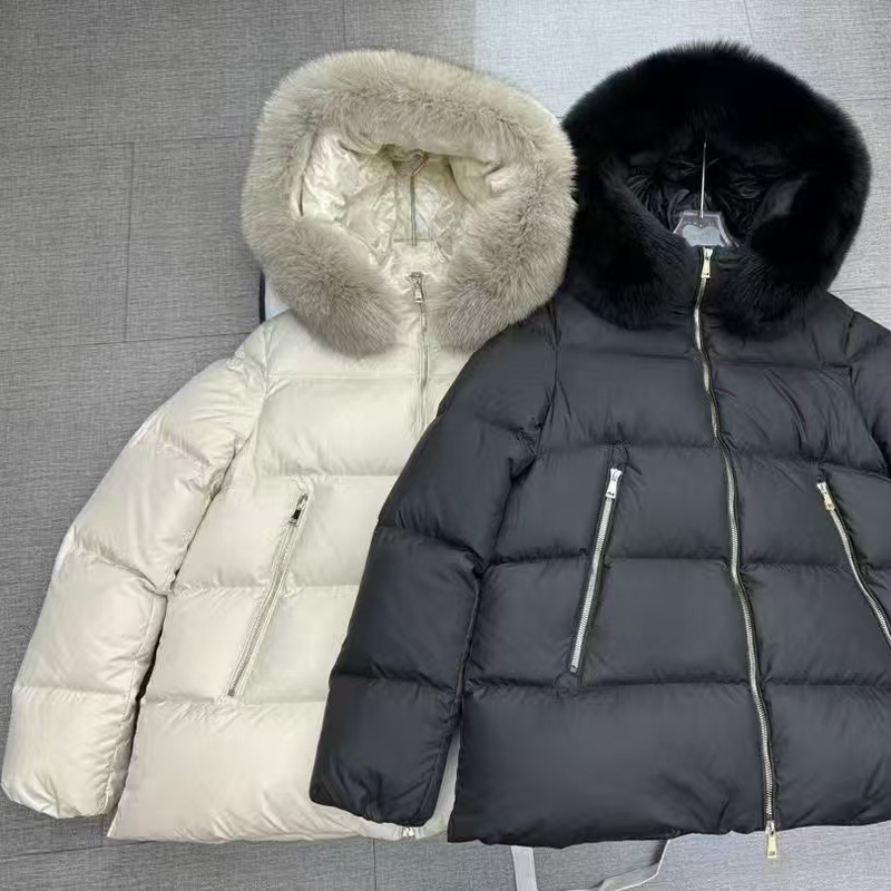 du家！超大狐狸毛领连帽娃娃衫款A字羽绒服