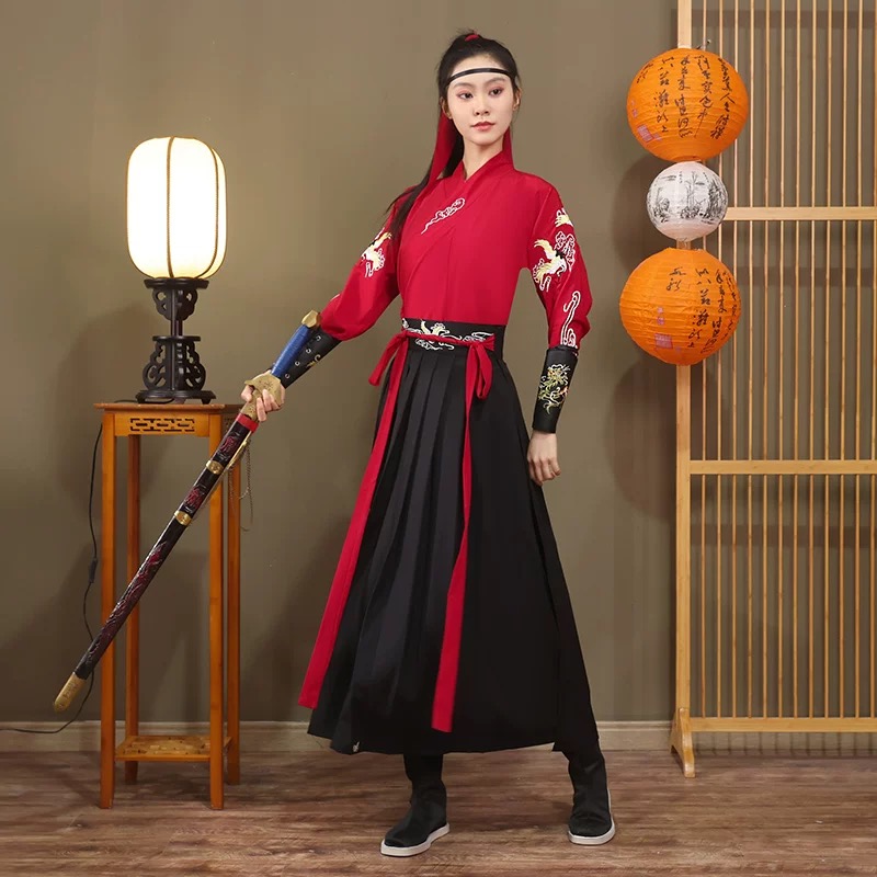 花木兰红色打鼓演出服女侠风汉服男女同款学生古装汉元素侠客国风