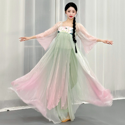 古典舞渐变刺绣长款纱衣练功服超仙民族扇子舞汉唐采莲舞蹈服套装