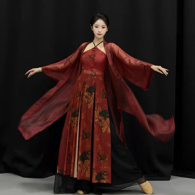 古典舞红色飘逸纱衣古风爵士舞蹈服女宽松开衫复古绑带旗袍演出服