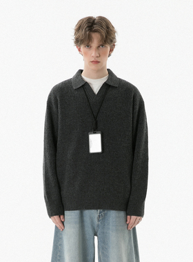 2025秋冬新款纯色V领毛衣男厚款翻领宽松休闲套头上衣