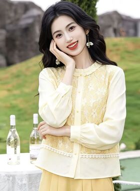时尚复古镂空提花假两件衬衫女款2026新款春季衬衣别致气质上衣女