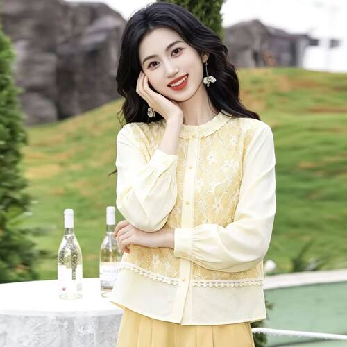 时尚复古镂空提花假两件衬衫女款2026新款春季衬衣别致气质上衣女