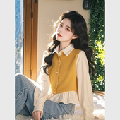 洋气设计感小众别致假两件上衣 新款 黄色拼接荷叶边衬衫 女2025春季