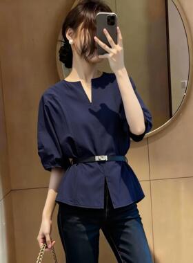 轻熟风泡泡袖V领收腰衬衫女2026年夏季新款通勤显瘦气质百搭上衣