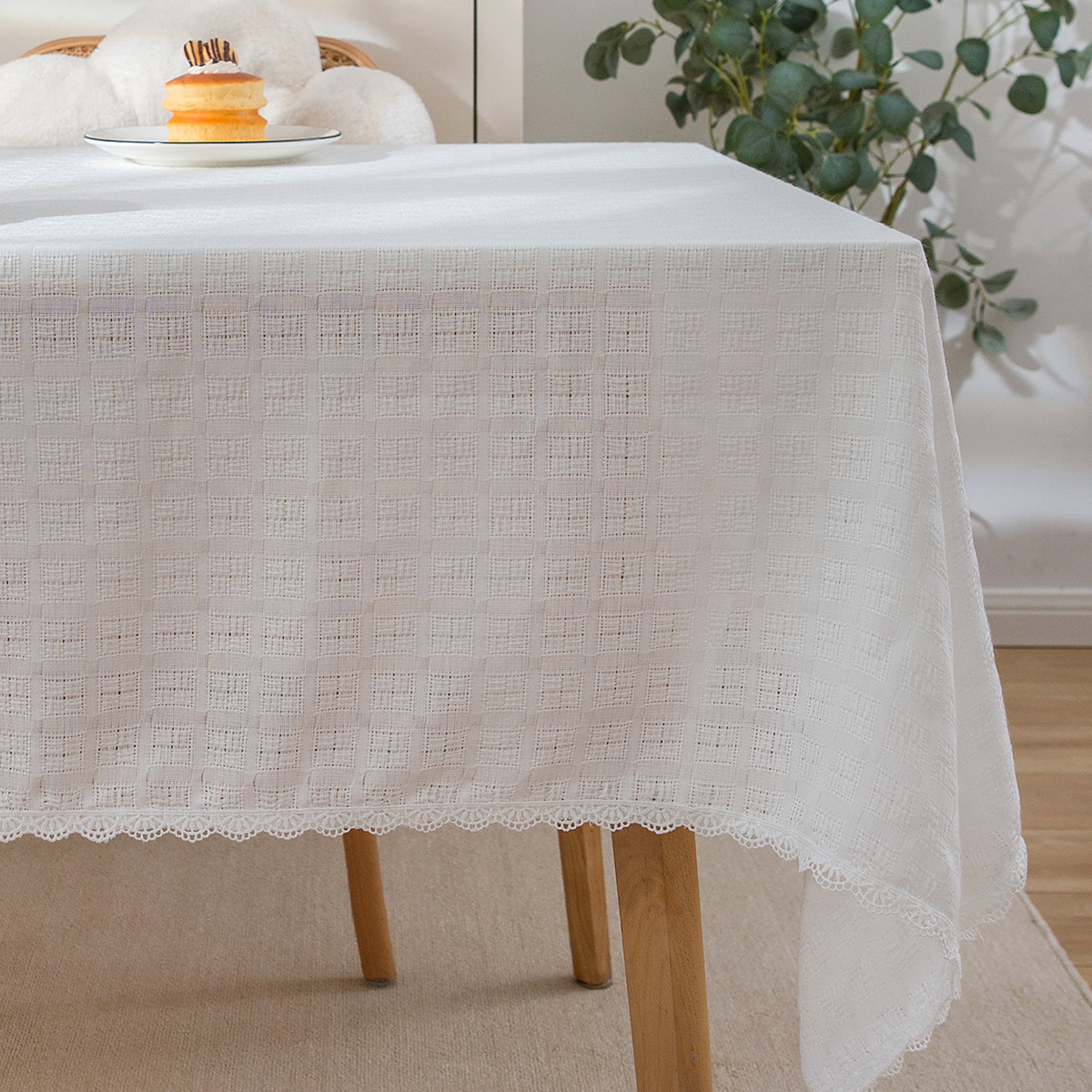 和朴奶油风涤纶格子桌布包邮定做