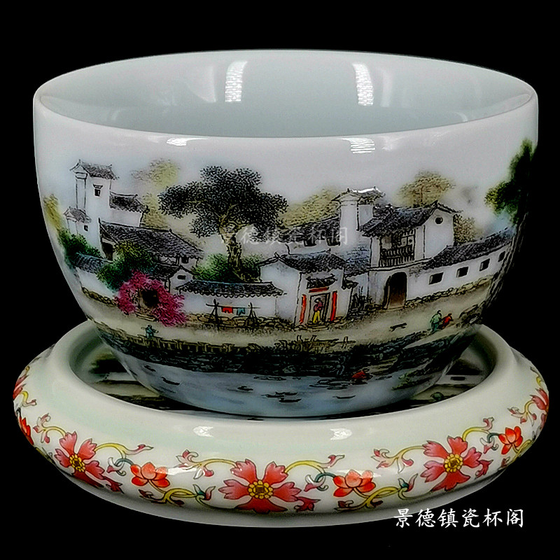 景德镇仿古青釉粉彩江南水乡古镇风光三阳开泰大号主人茶杯垫盖置