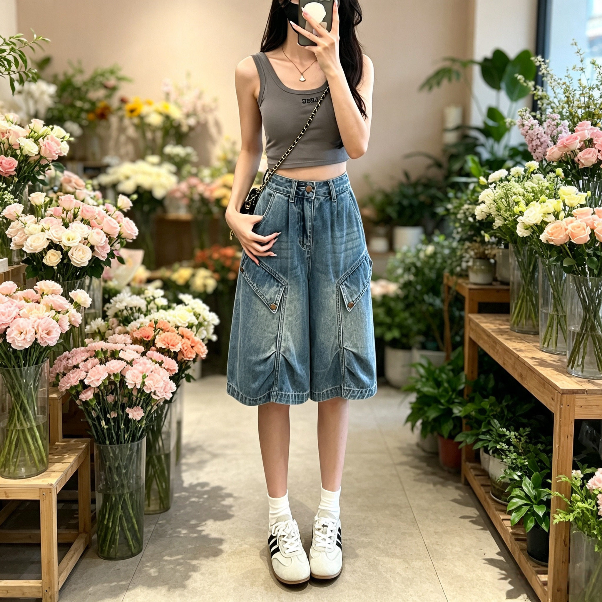 复古水洗工装牛仔五分裤女美式大口袋阔腿中裤松弛感显瘦六分短裤