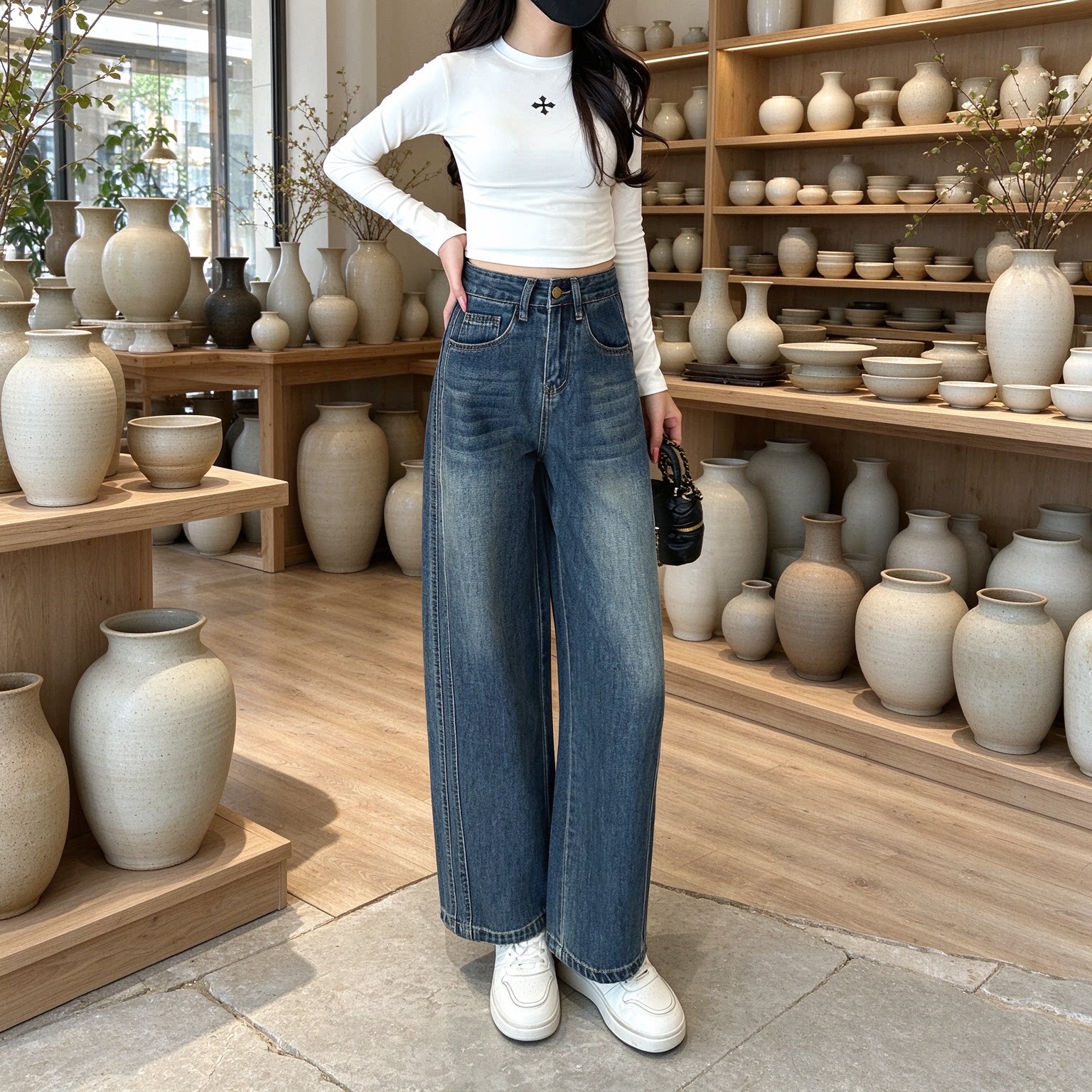 2026复古渐变做旧高腰阔腿牛仔裤女后袋设计宽松垂感弯刀拖地长裤