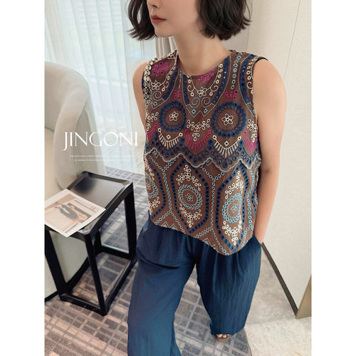 JINGONI花朵刺绣无袖衬衫女上衣背心夏季新款宽松复古显瘦短款潮