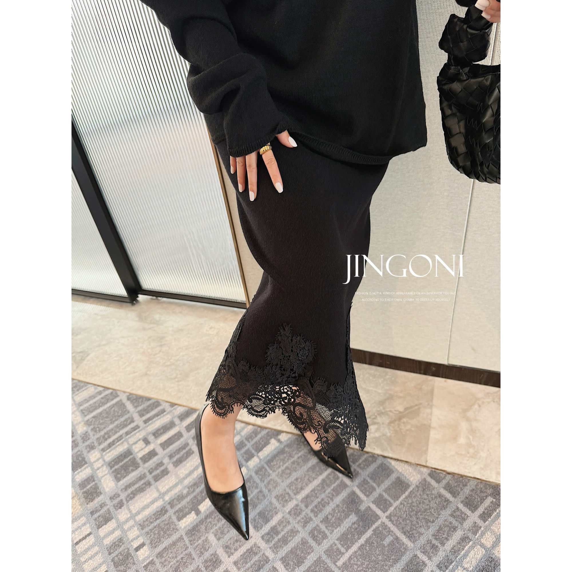 JINGONI黑色蕾丝边针织半身裙子女高腰包臀秋冬显瘦气质中长款潮