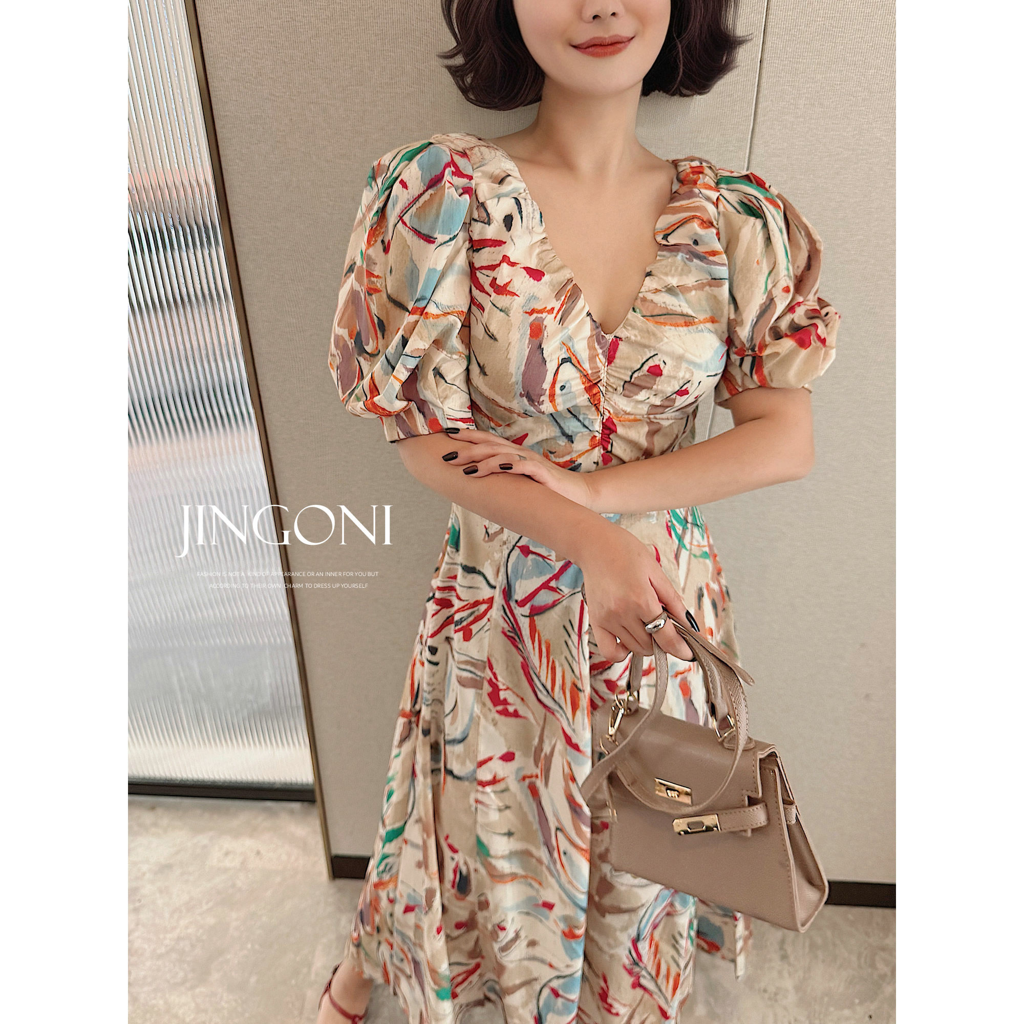 JINGONI水墨画短袖泡泡袖连衣裙女收腰修身显瘦中长款复古法式夏