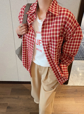 红色格子长袖衬衫女上衣春季新款2025年休闲韩版宽松时尚衬衣叠穿