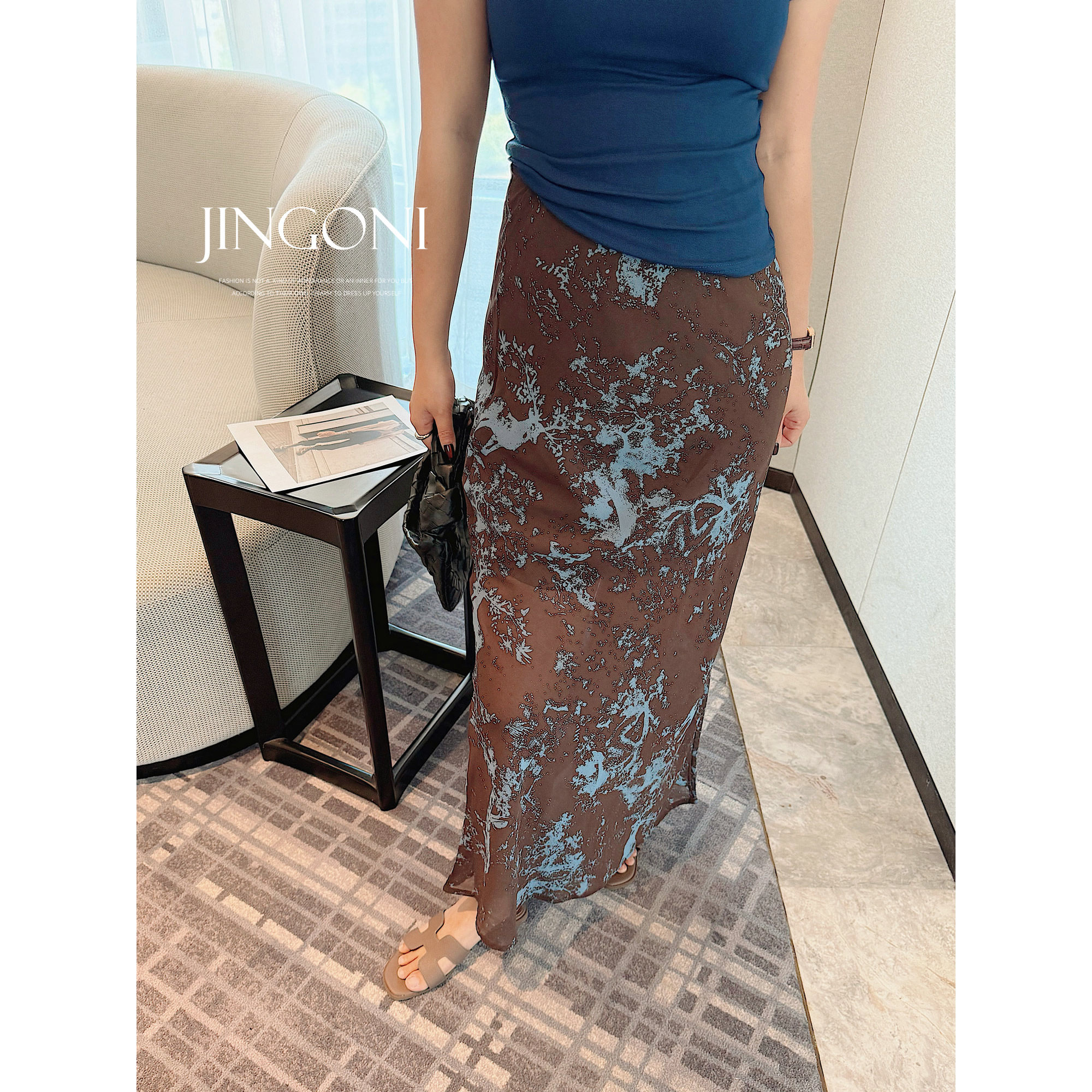 JINGONI扎染雪纺半身裙女松紧高腰修身复古显瘦包臀a字长裙夏季潮