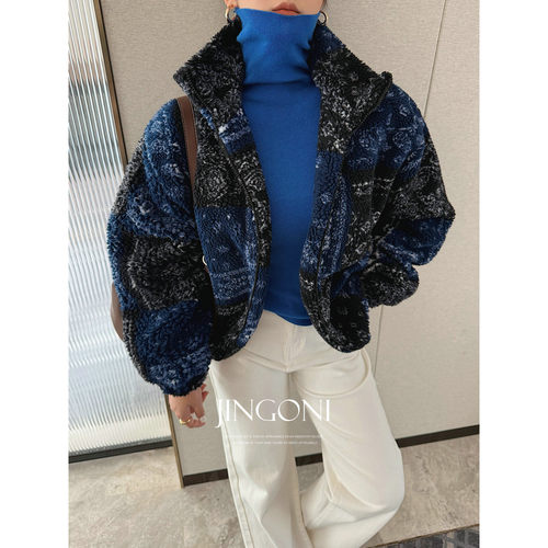JINGONI撞色抓绒外套女2025新款秋冬夹克大衣宽松短款保暖显瘦潮