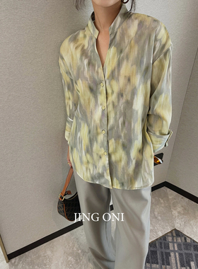 黄色扎染衬衫长袖女气质春秋季复古宽松港风显瘦立领上衣衬衣时尚