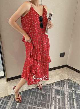 JINGONI红色碎花吊带裙连衣裙法式度假风夏修身显瘦长裙宽松印花
